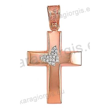 Βαπτιστικός σταυρός ροζ χρυσό Κ14 για κορίτσι σε λουστέ φινίρισμα με ένθετη λευκόχρυση πεταλούδα και άσπρες πέτρες ζιργκόν.