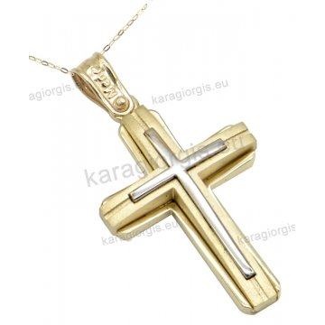 Βαπτιστικός σταυρός χρυσός για αγόρι δίχρωμος σε Κ14 με καδένα σε λουστρέ φινίρισμα με ένθετο σταυρουδάκι.