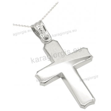 Λευκόχρυσος βαπτιστικός σταυρός για αγόρι σε Κ14 με αλυσίδα σε λουστρέ-ματ φινίρισμα.