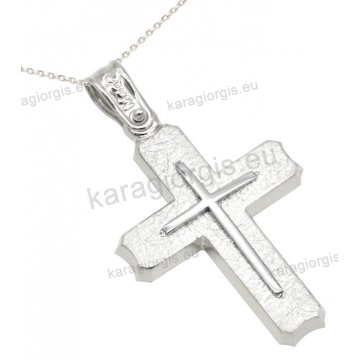 Λευκόχρυσος βαπτιστικός σταυρός για αγόρι σε Κ14 με αλυσίδα με ένθετο λευκόχρυσο σταυρουδάκι σε σαγρέ φινίρισμα.