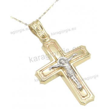 Χρυσός βαπτιστικός σταυρός για αγόρι σε Κ14 με αλυσίδα με λευκόχρυσο ένθετο εσταυρωμένο σε λουστρέ φινίρισμα.