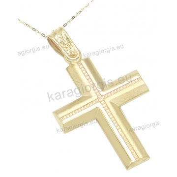 Χρυσός βαπτιστικός σταυρός για αγόρι σε Κ14 με αλυσίδα με ένθετο σκάλισμα σε λουστρέ φινίρισμα.