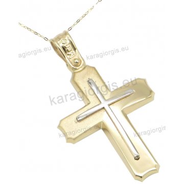 Χρυσός βαπτιστικός σταυρός για αγόρι σε Κ14 με αλυσίδα με ένθετο λευκόχρυσο σταυρουδάκι σε λουστρέ-ματ φινίρισμα.