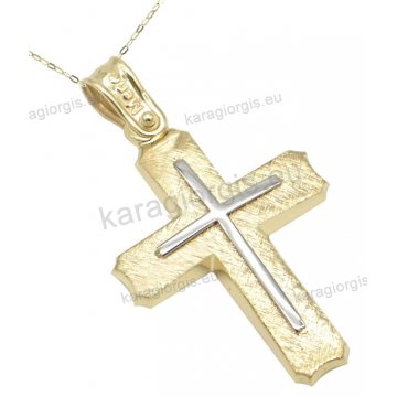 Χρυσός βαπτιστικός σταυρός για αγόρι σε Κ14 με αλυσίδα με ένθετο λευκόχρυσο σταυρουδάκι σε σαγρέ φινίρισμα.
