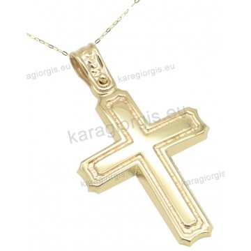 Χρυσός βαπτιστικός σταυρός για αγόρι σε Κ14 με αλυσίδα με ένθετο δεύτερο σταυρουδάκι σε λουστρέ φινίρισμα.