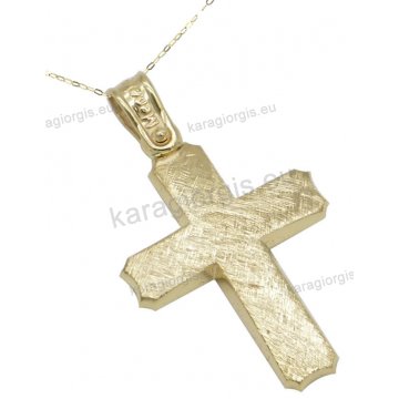 Χρυσός βαπτιστικός σταυρός για αγόρι σε Κ14 με αλυσίδα κλασικός σε σαγρέ φινίρισμα.