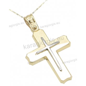 Χρυσός βαπτιστικός σταυρός για αγόρι σε Κ14 με αλυσίδα με ένθετο λευκόχρυσο σταυρουδάκι σε λουστρέ φινίρισμα.