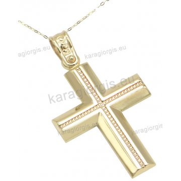 Χρυσός βαπτιστικός σταυρός για αγόρι σε Κ14 με αλυσίδα με ένθετο σκάλισμα σε λουστρέ φινίρισμα.
