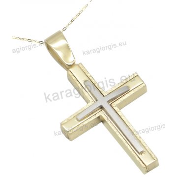 Σταυρός βάπτισης για αγόρι χρυσός σε Κ14 με αλυσίδα με ένθετο λευκόχρυσο σταυρό σε λουστρέ-ματ φινίρισμα.